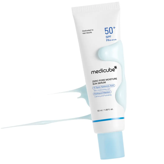 Medicube Zero Pore Moisture Sun Serum 50ml, lightweight sun protection serum with pore-refining and hydrating properties.