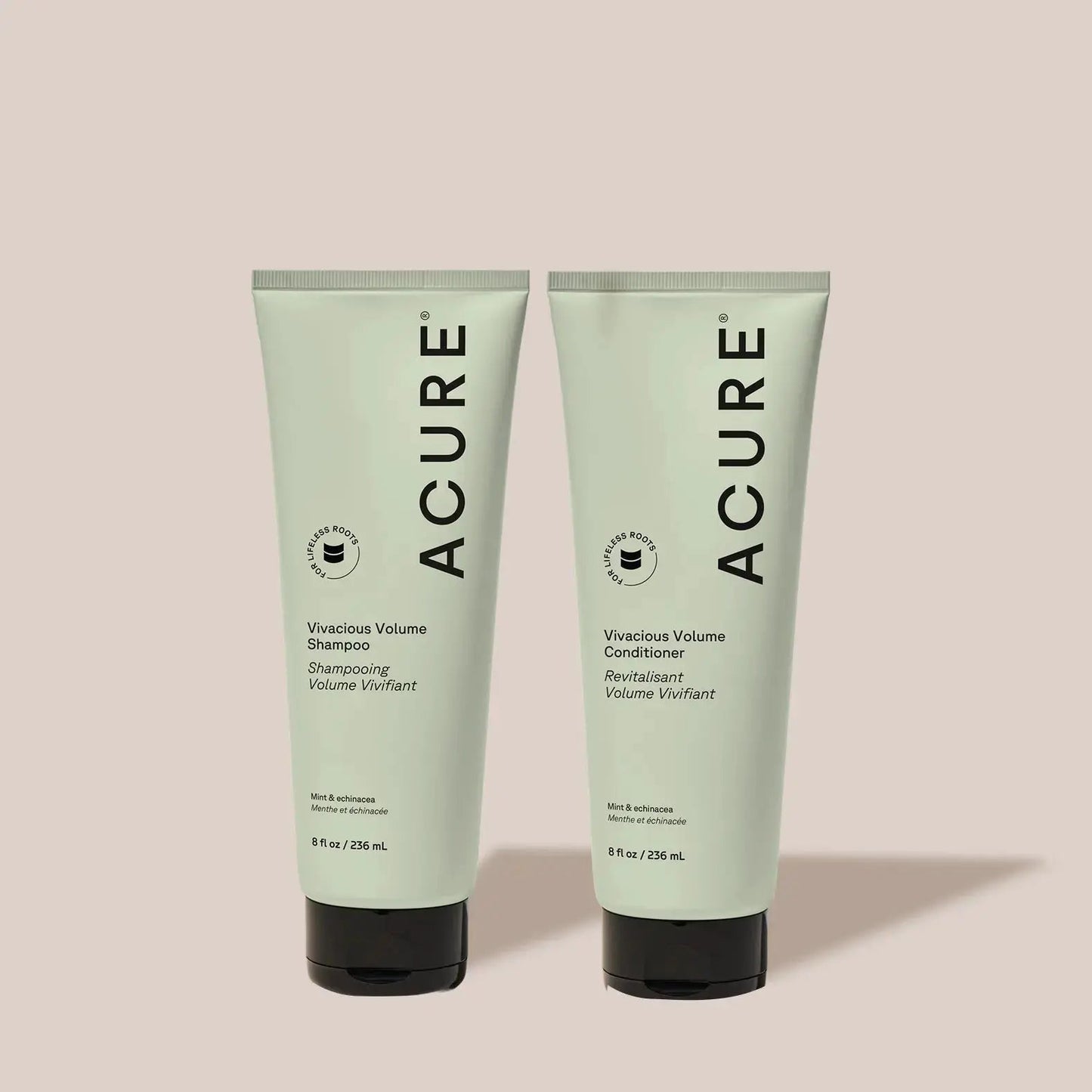 ACURE Vivacious Volumizing Shampoo and Conditioner set bundle showing bottles with product labels and vibrant packaging.