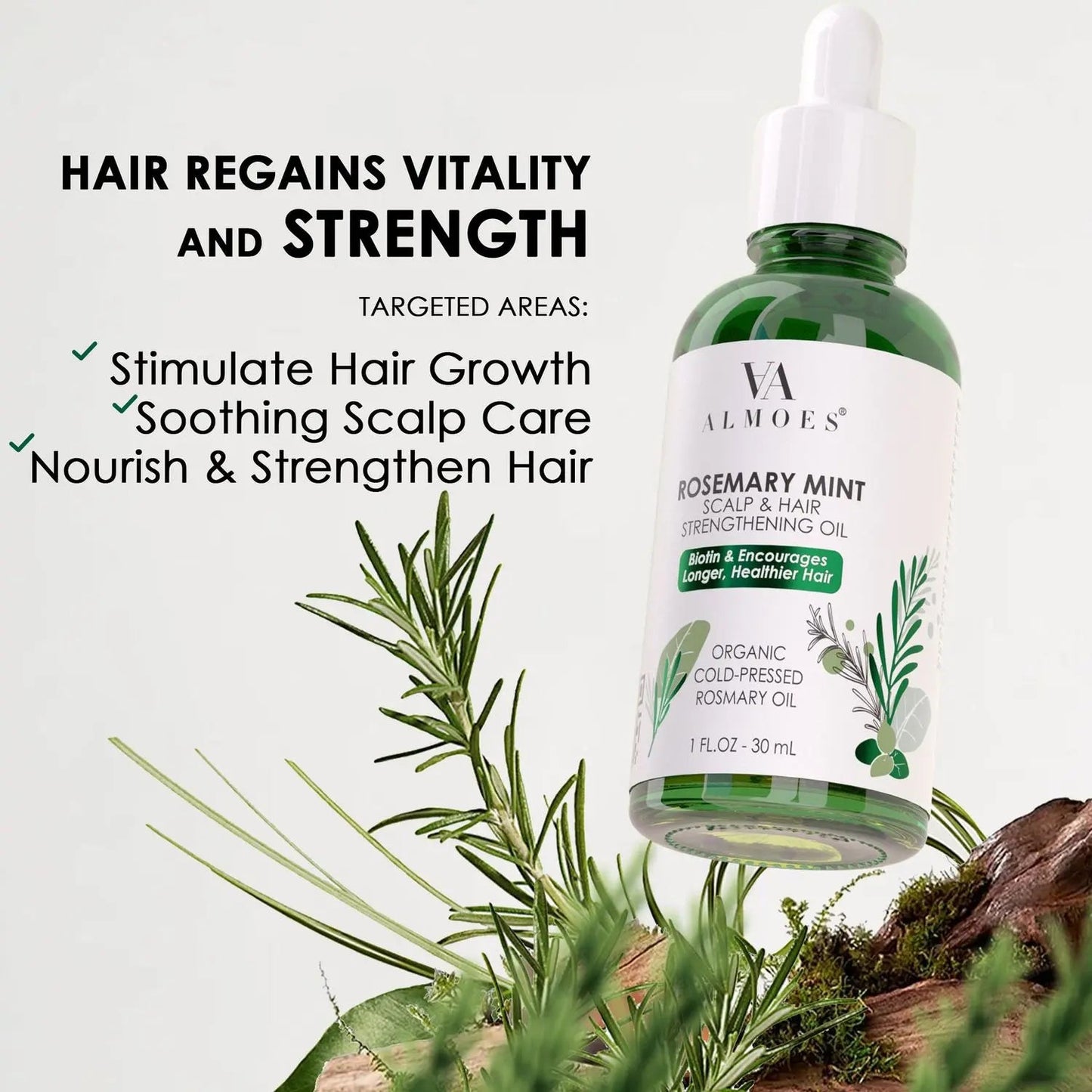 ALMOES Organic Rosemary Mint Unique Vitamin bottle, 30 ml, with fresh rosemary and mint ingredients visible in the image.