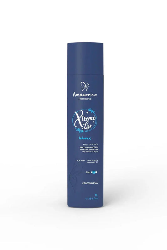 Amazonico Professional Xtreme Liss Advance Brazilian protein hair treatment set with 1L treatment and two 400ml shampoo and conditioner bottles.