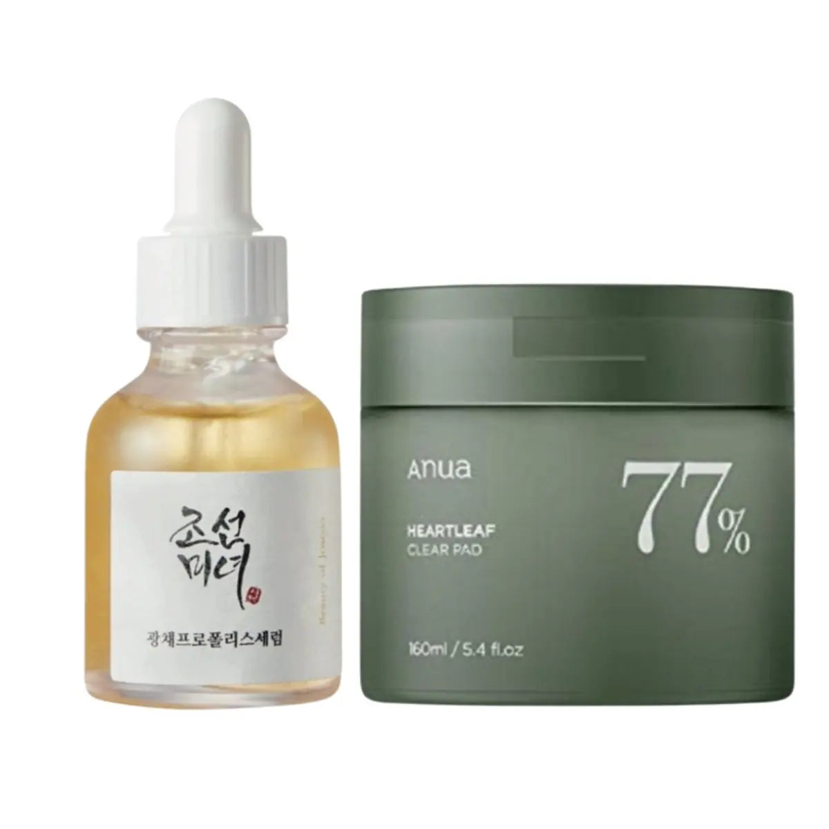 ANUA Heartleaf 77 Clear Pad and Beauty of Joseon serum set with skincare products and packaging on a neutral background.