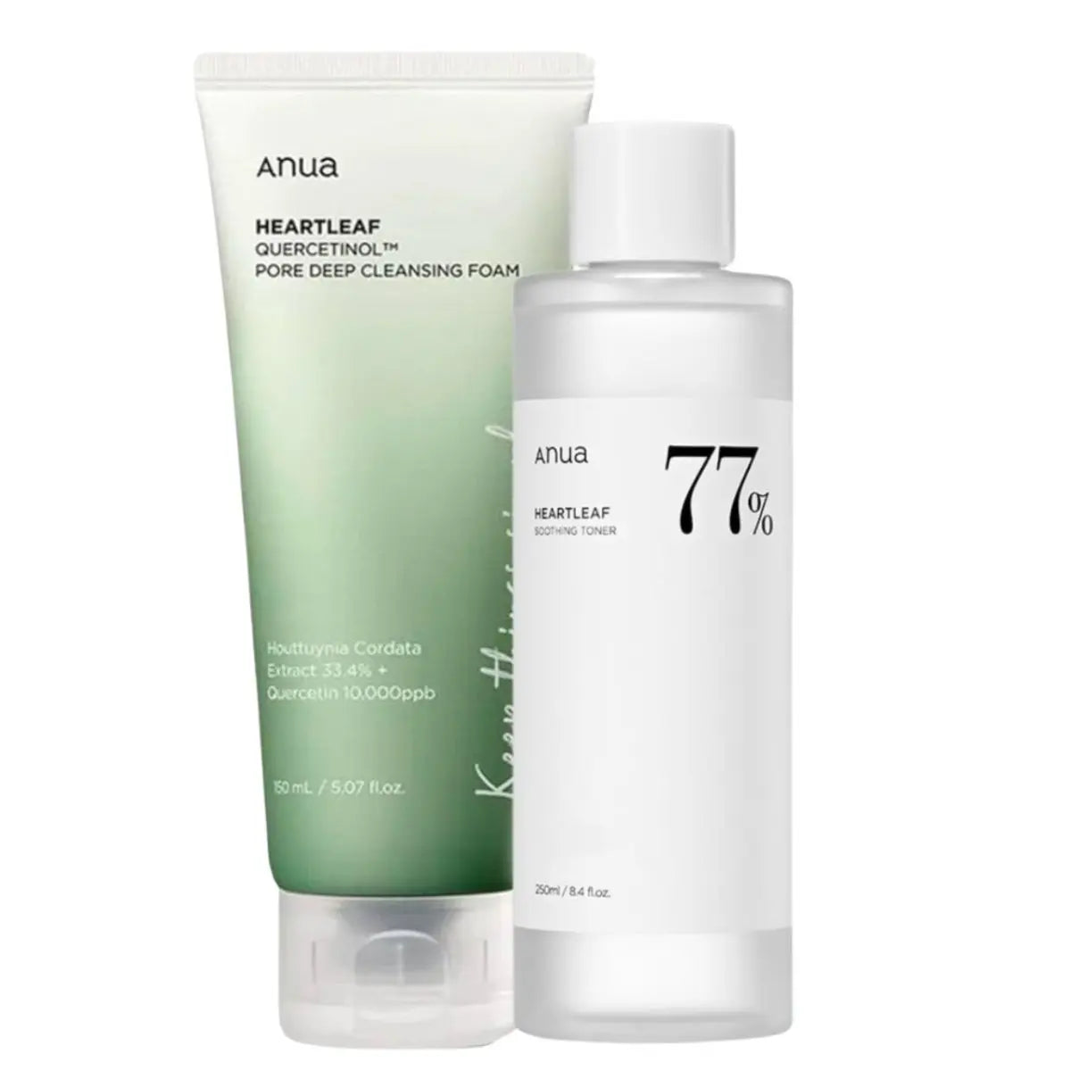 Anua Heartleaf Cleansing Foam and Soothing Toner set with white bottles and labels, ideal for gentle skincare and hydration.
