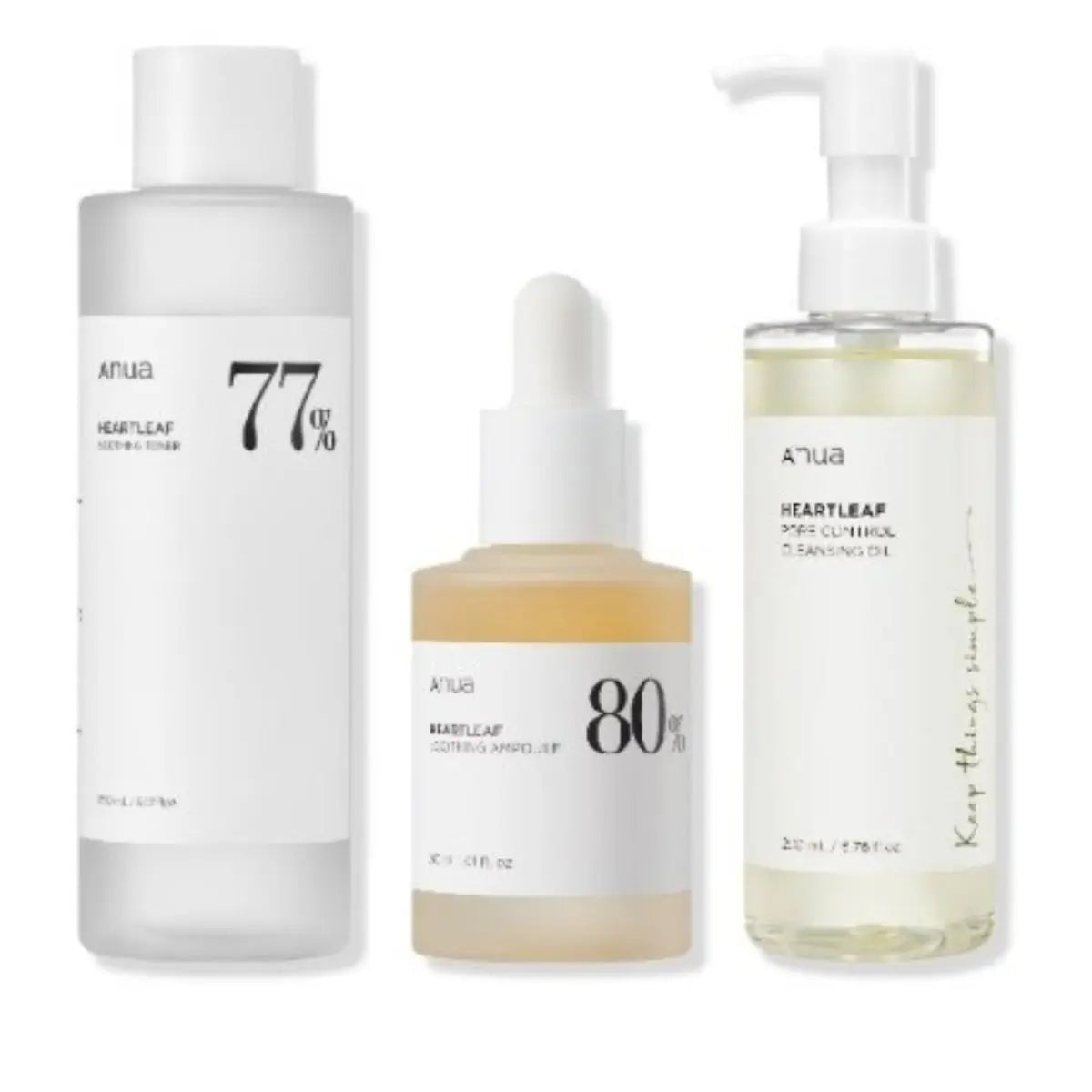 Anua Heartleaf Series skincare set featuring soothing toner, ampoule, and cleansing oil with natural ingredients and gentle textures.