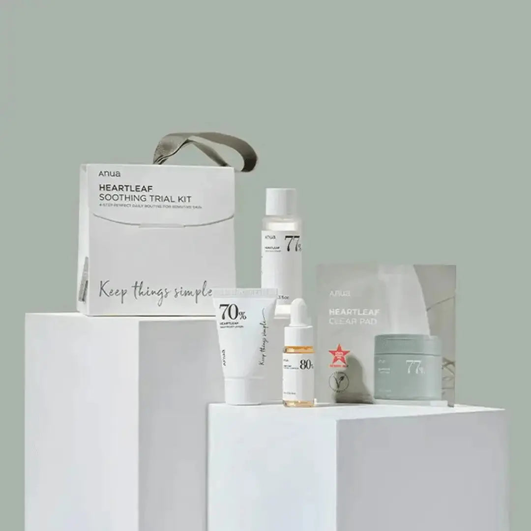 ANUA Heartleaf Soothing Trial Kit with skincare products in white packaging, designed for sensitive skin relief.