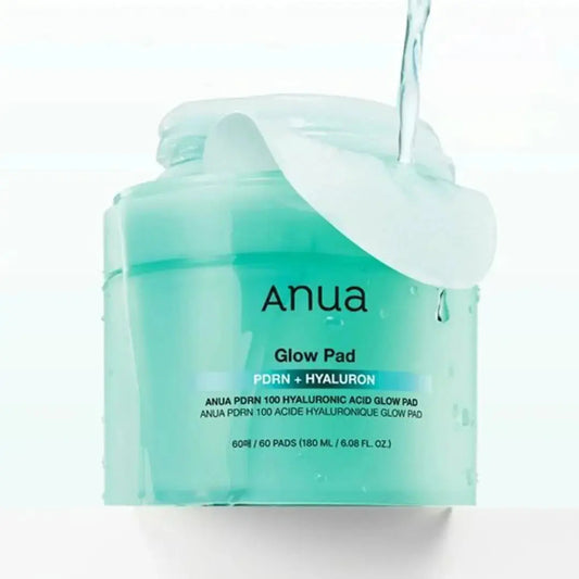 ANUA PDRN 100 Hyaluronic Acid Glow Pad with 60 soothing skincare pads for hydration and skin radiance.