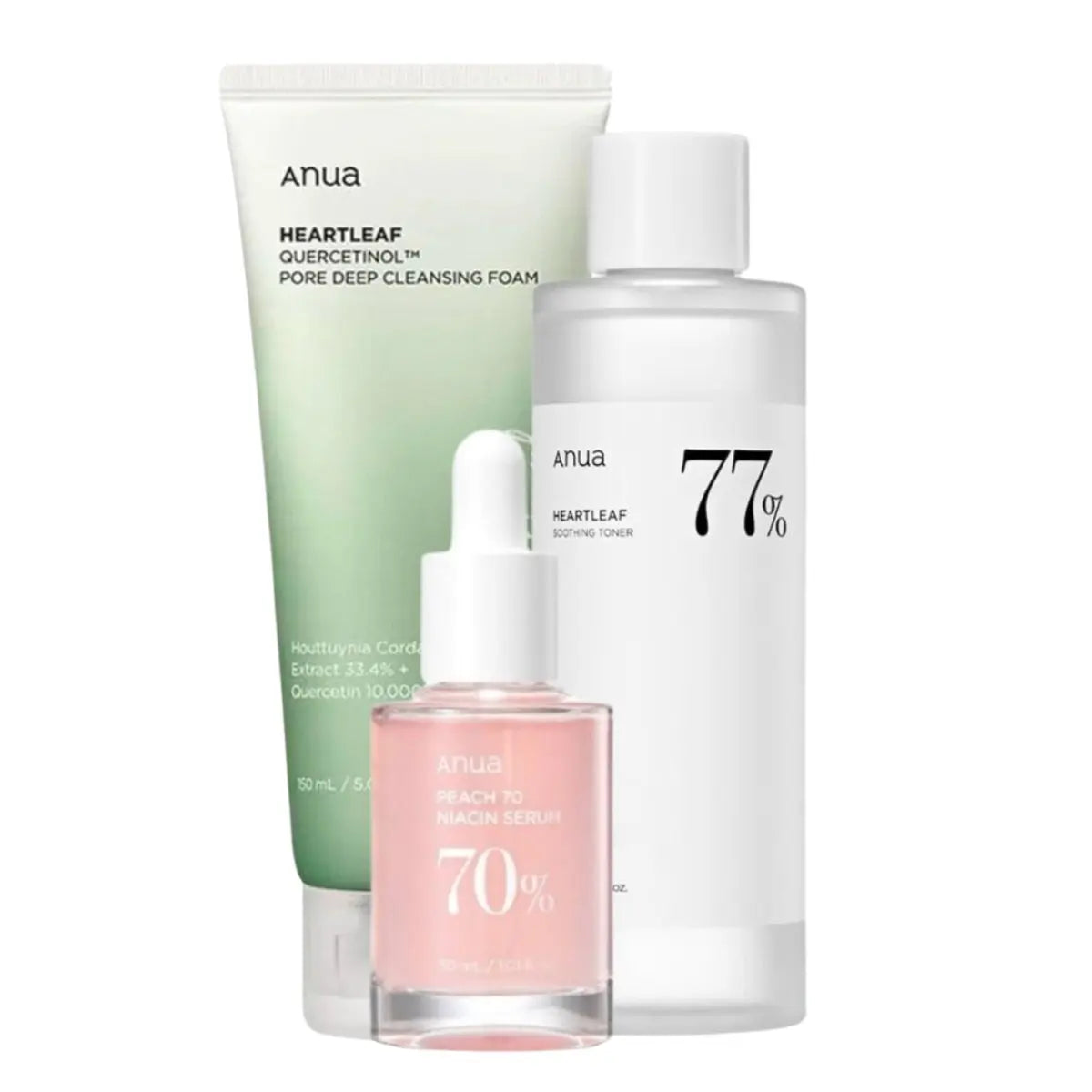 Anua Quercetinol Pore Deep Cleansing Foam, Heartleaf Soothing Toner, and Niacinamide Serum set with skincare products and packaging.