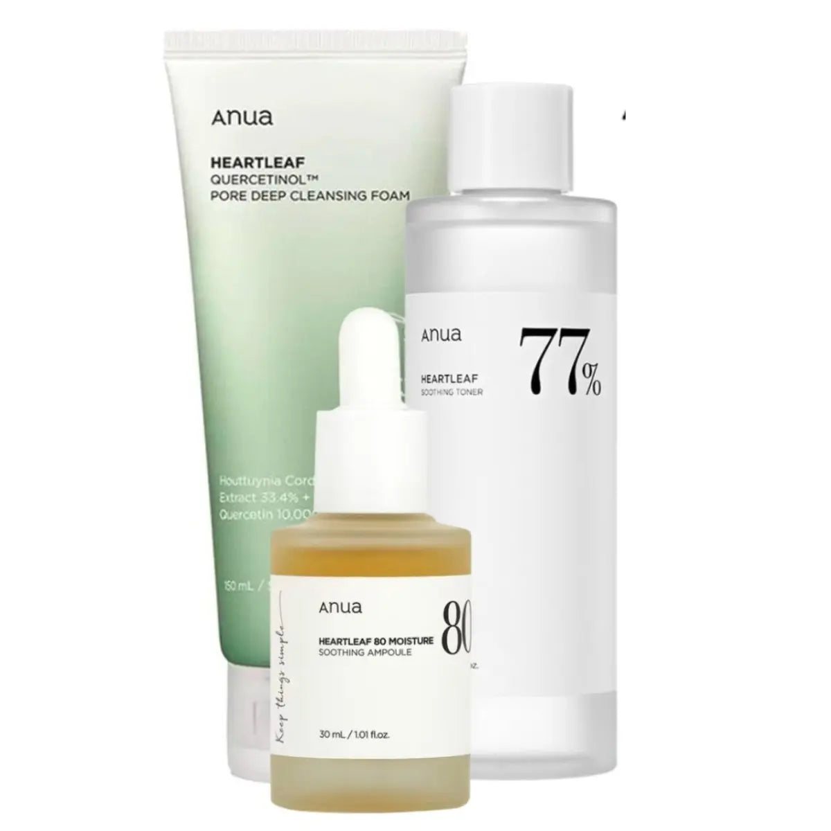 Anua Quercetinol Pore Deep Cleansing Foam, Heartleaf 77% soothing toner, and 80% soothing ampoule set with skincare products arranged.