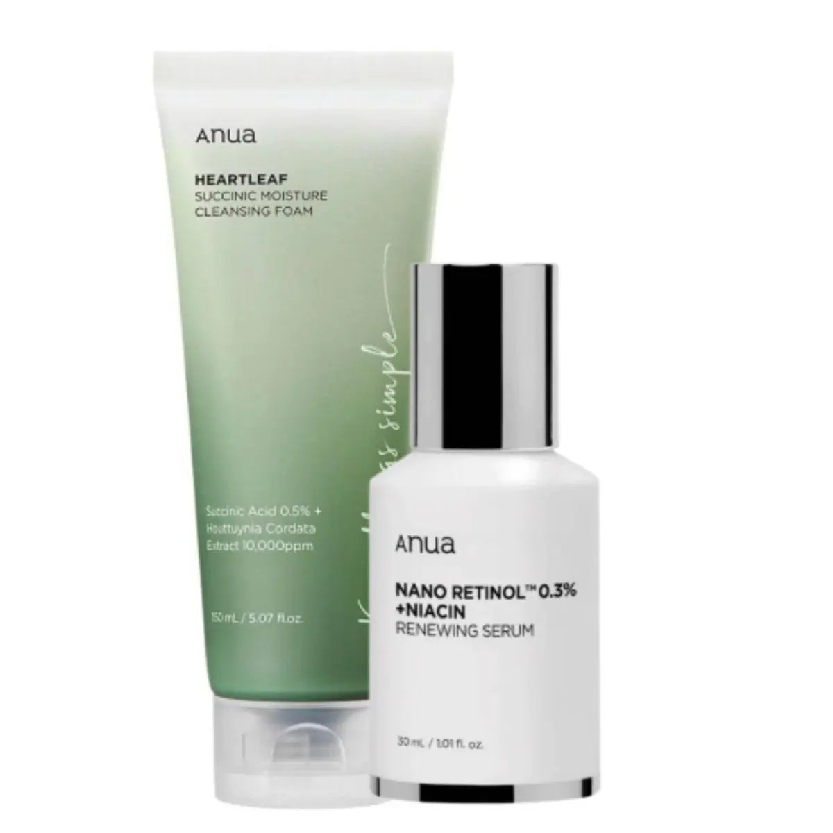 Anua Renewing Serum and Cleansing Foam set with anua cleansing foam bottle and serum bottle on a white background