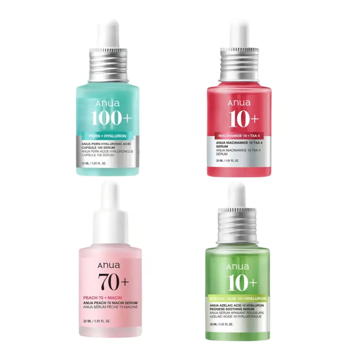 Set of ANUA serums including various skincare bottles and dropper applicators in a clear display arrangement.