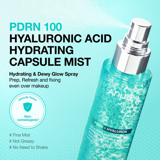 ANUA PDRN Collagen Glow Facial Serum Spray in a clear glass ampoule with a pump dispenser, designed for smooth, radiant skin.