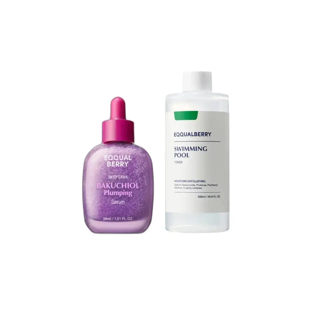 EQQUALBERRY Aqua Glow Duo skincare set with hydrating and plumping products, featuring bottles with blue and clear packaging.