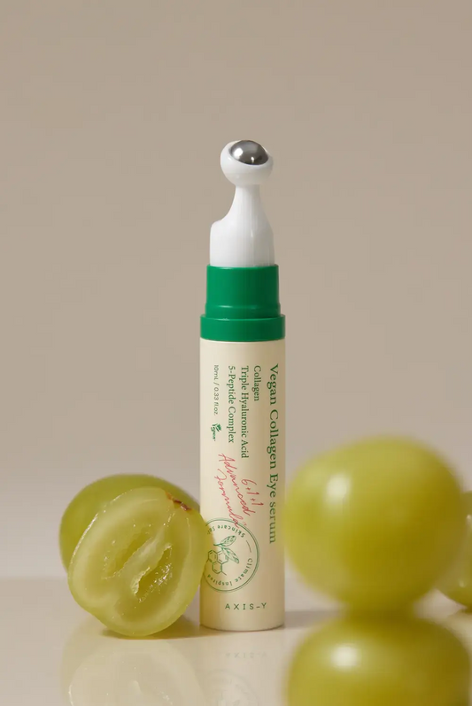 AXIS-Y Vegan Collagen Eye Serum in 10 ml bottle showing the product with sleek packaging and eye-shaped applicator