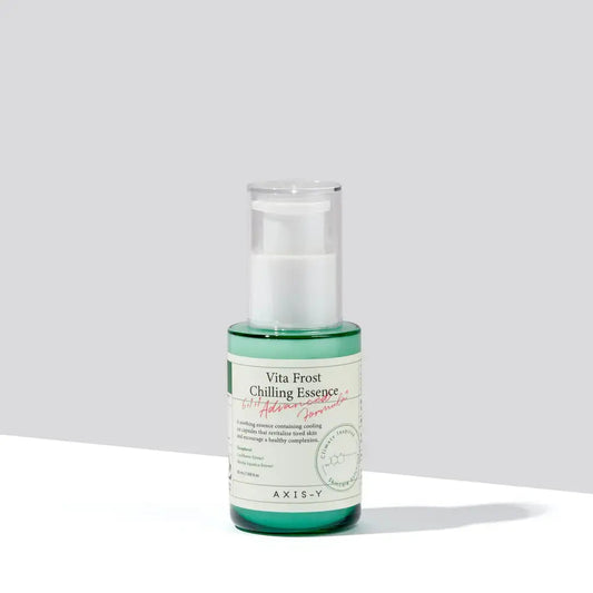 AXIS-Y Vita Frost Chilling Essence 50ml bottle with clear label and silver cap, designed for cooling and hydrating skin.