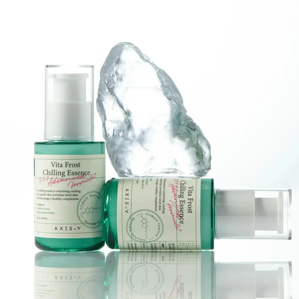 AXIS-Y Vita Frost Chilling Essence 50 ml bottle, clear container with white label and blue accents, skincare product for soothing skin