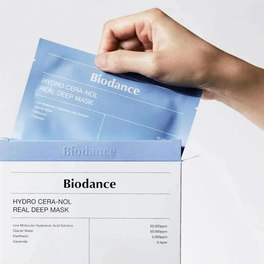 BIODANCE Hydro Cera-nol Real Deep Mask pack with 4 sheets for intense skin hydration and nourishing care.