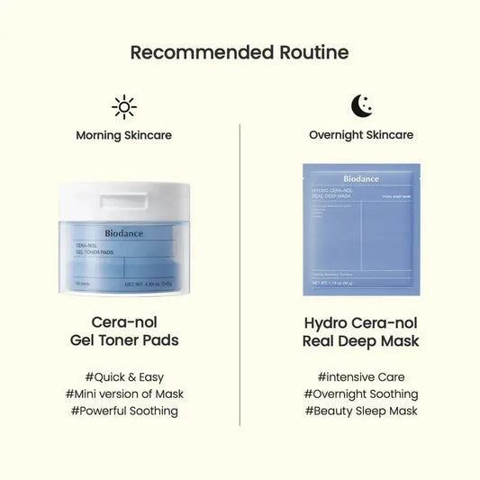 BIODANCE Hydro Cera-nol Real Deep Mask set with Cera-nol gel toner pads, hydrating skincare for deep moisture and skin renewal