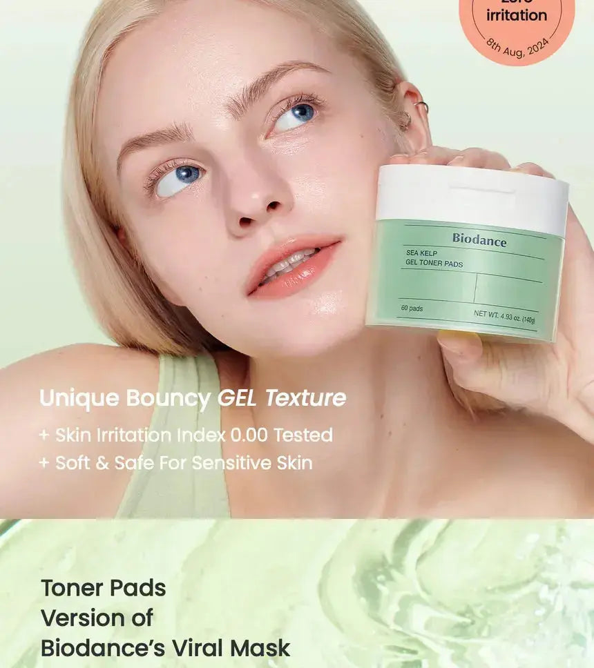 Biodance Sea Kelp Gel Toner Pads, 60 soft pads for facial cleansing and toning, with natural sea kelp ingredients.