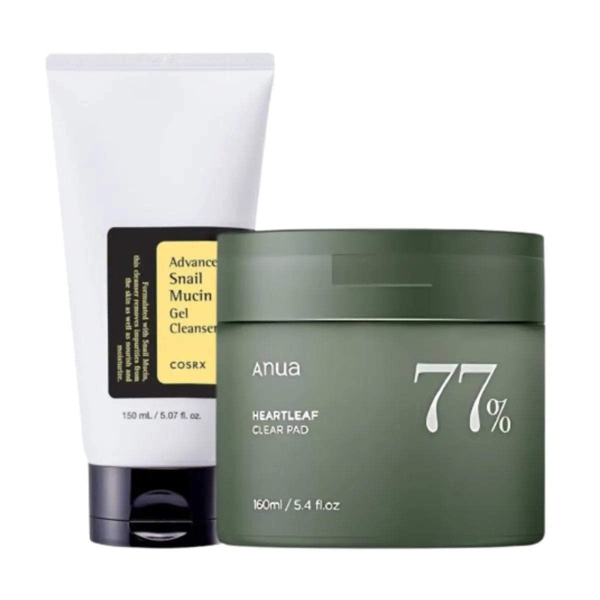 COSRX Advanced Snail Mucin Gel Cleanser and ANUA 77% Clear Pads set, featuring skincare products in white bottles and pads.