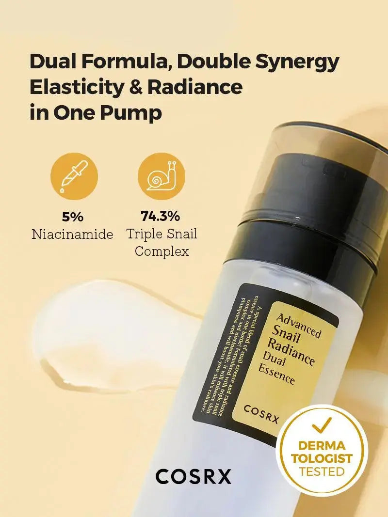 COSRX Advanced Snail Radiance Dual Essence 80ml bottle showing the product label and packaging on a white background.
