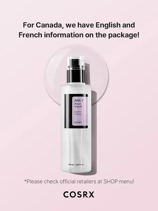COSRX AHA 7 Whitehead Power Liquid 100ml bottle with clear liquid inside, designed for exfoliating and pore clearing.