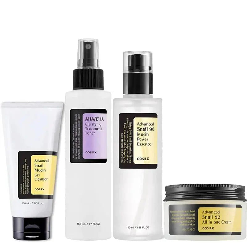 COSRX Best Seller Skincare Set with multiple products, including cleansers and serums, arranged on a white background.