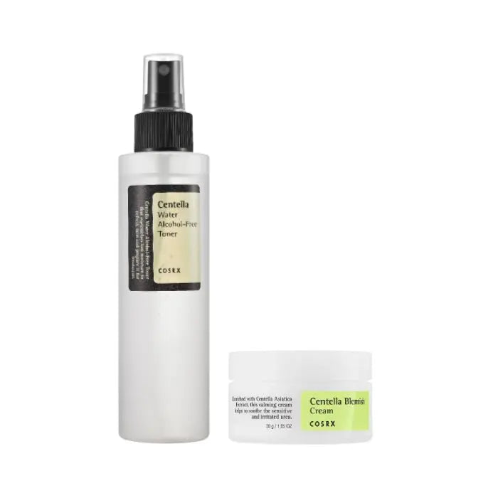 COSRX Centella Skincare Set featuring soothing creams and serums with centella extract for calming and repairing skin.