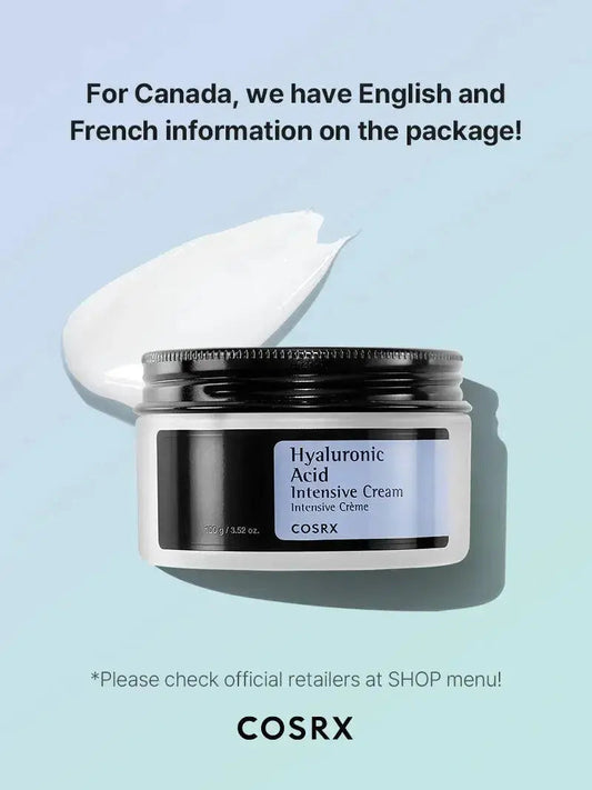 COSRX Hyaluronic Acid Intensive Cream in 100 ml jar, showing smooth, hydrating facial cream with clear labeling and clean packaging.
