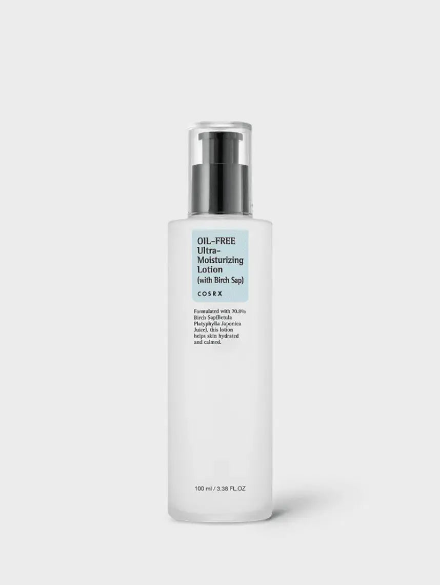 COSRX Oil-Free Ultra Moisturizing Lotion with Birch Sap in 100ml bottle, showcasing the lightweight, hydrating skincare product.