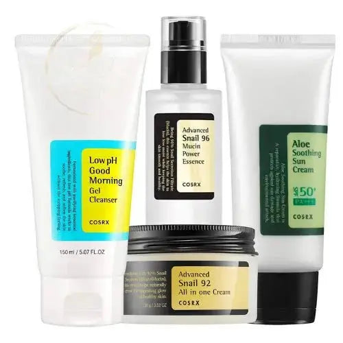 Cosrx Starter Kit skincare set with cleansing foam, toner, and moisturizer in white packaging, designed for healthy skin.