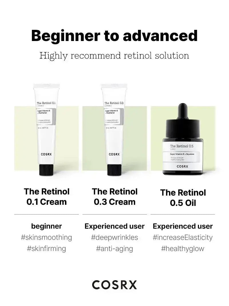 COSRX The Retinol 0.5 Oil in a 20ml bottle, featuring clear glass packaging with a white dropper cap.