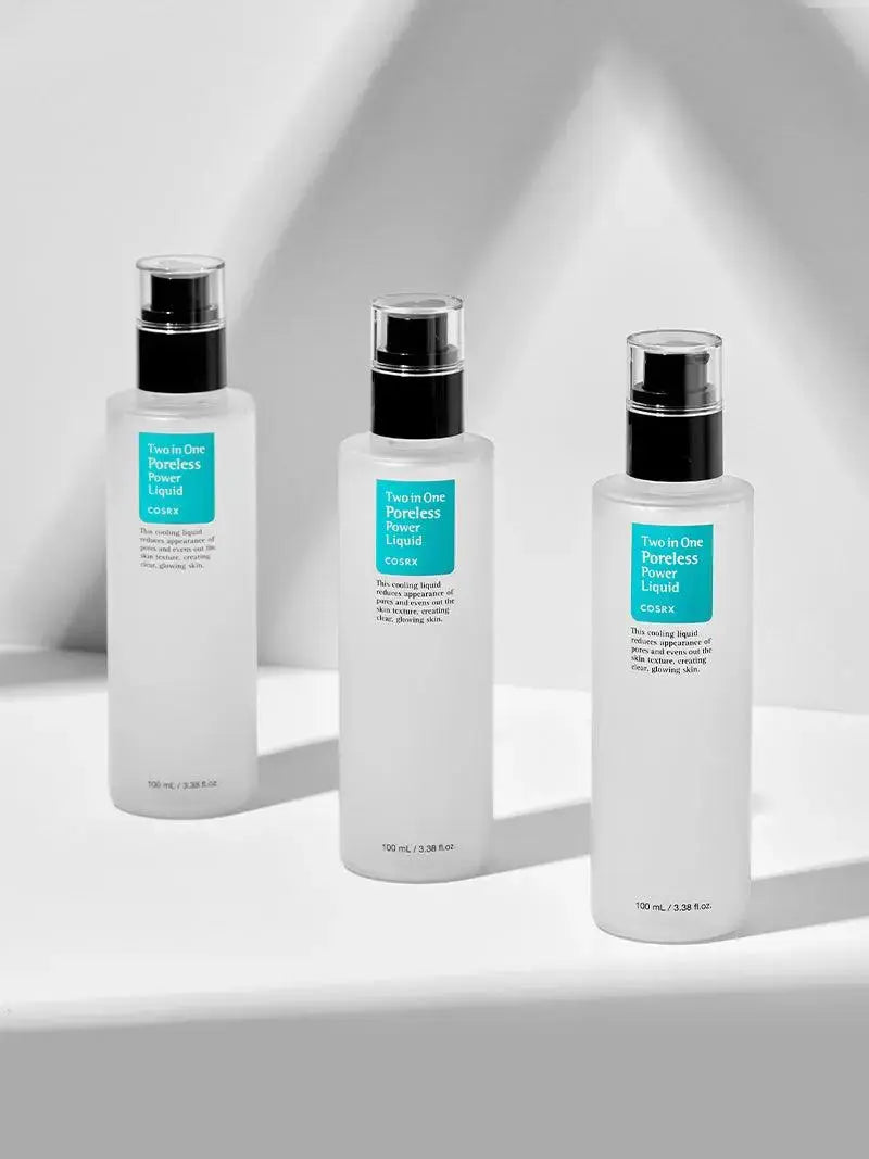 COSRX Two In One Poreless Power Liquid 100 ml bottle, clear liquid for pore refining and skin smoothing, skincare product.