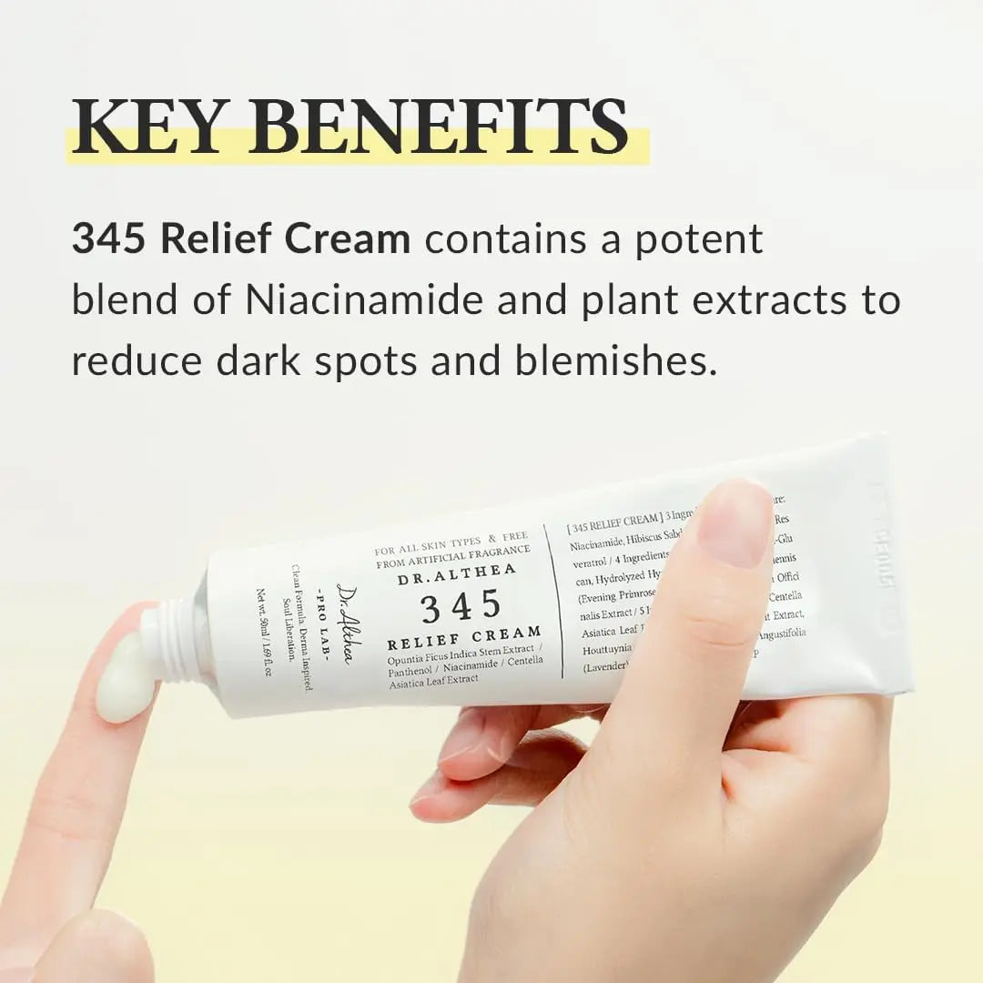 Dr Althea 345 Relief Cream 50ML jar showing smooth cream texture in a white container with blue accents.