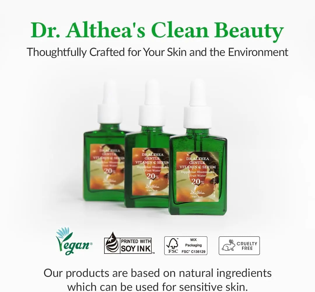 DR ALTHEA Gentle Vitamin C Serum in a 30 ML bottle, featuring clear liquid and a sleek dropper applicator.