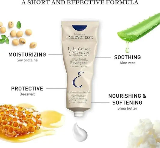 Embryolisse Lait Crème Concentré moisturizer in a 75ml tube, showcasing its smooth, creamy texture designed for multi-use skincare.
