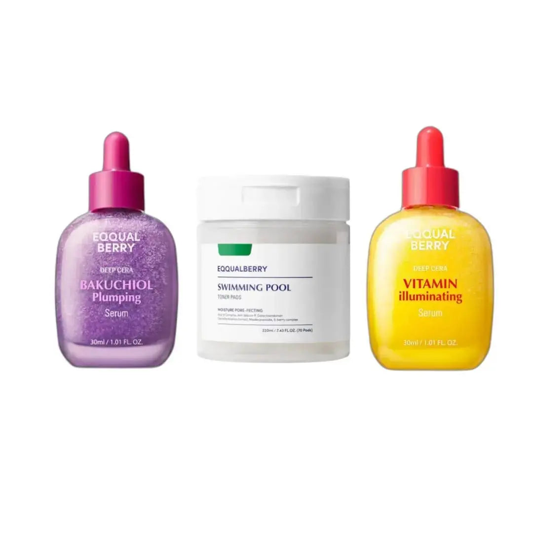 EQQUALBERRY Glow Essentials Set featuring skincare products to plump, brighten, and refresh skin for a radiant complexion.