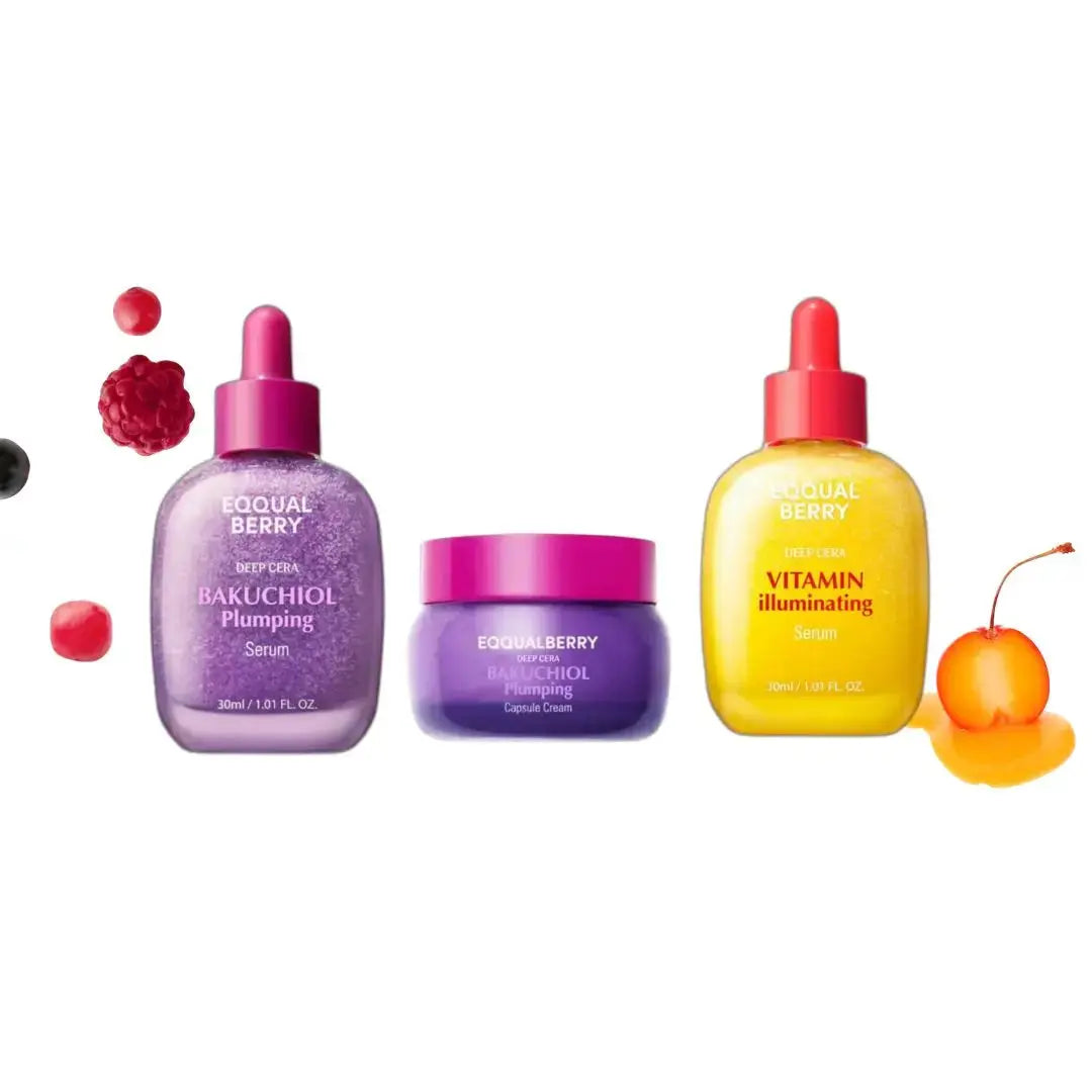 EQQUALBERRY Youthful Glow Trio with skincare products for plumping, brightening, and renewing skin appearance.