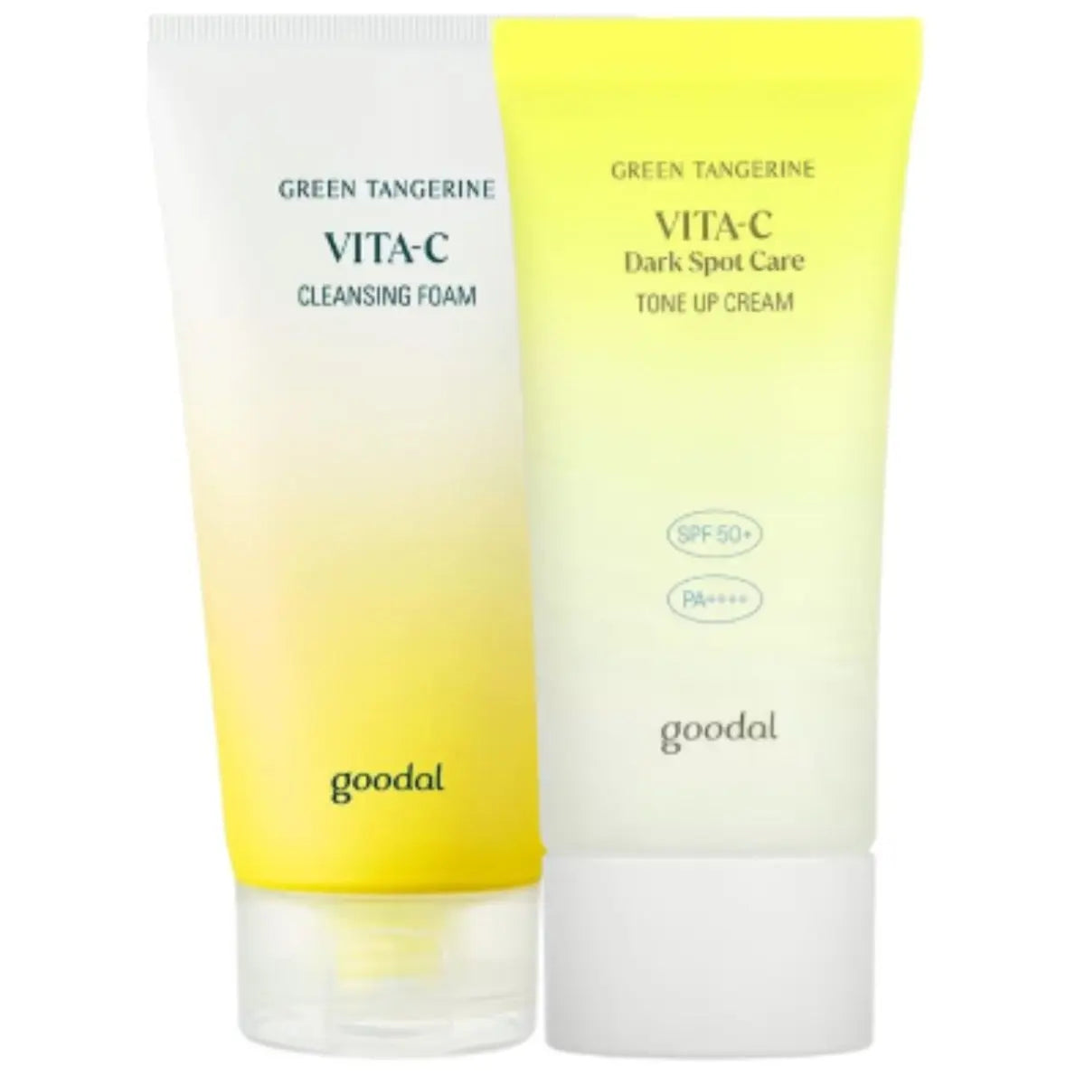 Goodal cleansing foam and tone-up cream set with white foam cleanser and moisturizing cream in a natural skincare display