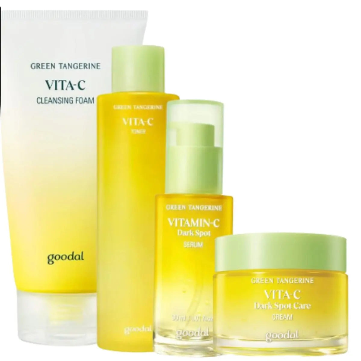 Goodal facial cleansing foam, toner, serum, and cream set arranged in a skincare display on a white background