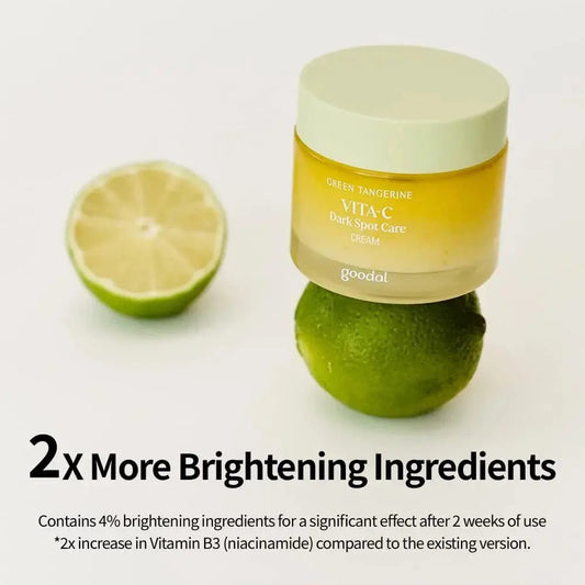 GOODAL Green Tangerine Vita C Dark Spot Care Cream 50ml jar showing bright orange cream with green tangerine extract label
