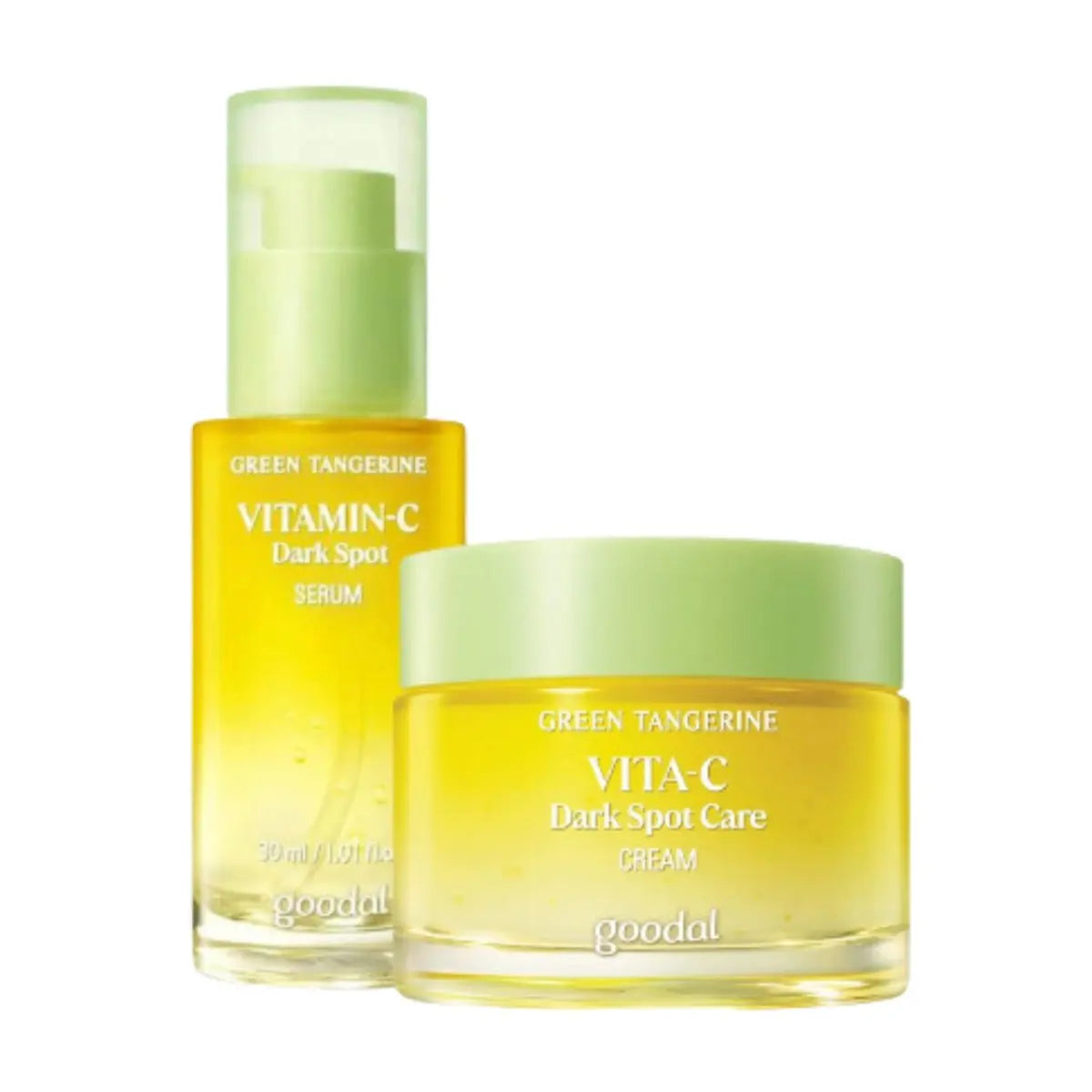 Goodal Green Tangerine Vita-C dark spot care set with cream and serum for brightening and skin tone improvement.
