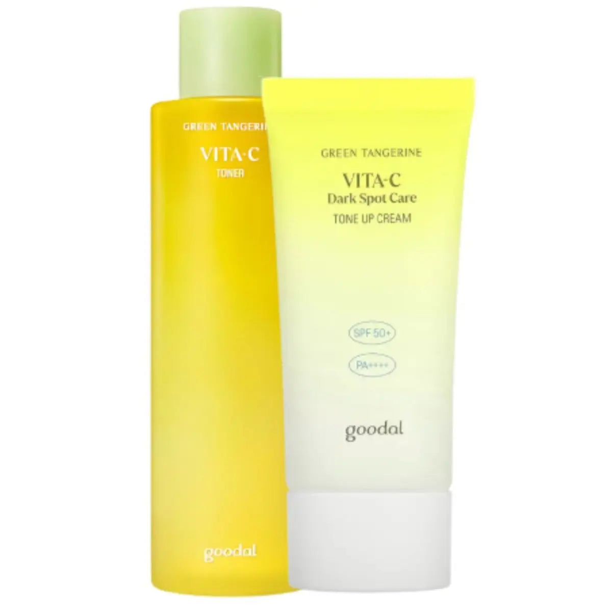 Goodal Green Tangerine Vita C toner and cream set with brightening citrus ingredients, displayed in their bottles and jars.
