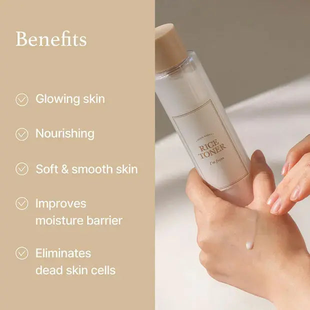 I'M FROM Rice Toner 150ml bottle with clear label and white cap, designed for skincare and hydration.
