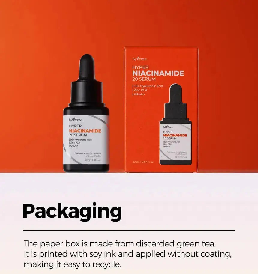 ISNTREE Hyper Niacinamide 20 Serum in a 20ml dropper bottle, showcasing clear liquid serum with a white label and black cap.