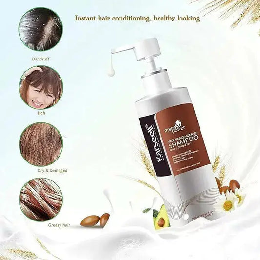 Karseell Maca Power Argan Oil Shampoo for dry and damaged hair, herbal extract, deep moisturizing, 500ml bottle.