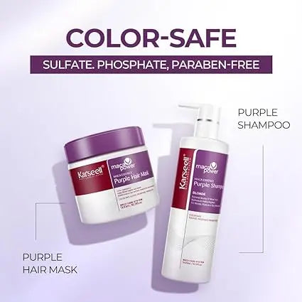 KARSEELL Maca Power Purple Mask and Shampoo Set for colored hair, featuring moisturizing and color-protecting hair care products.
