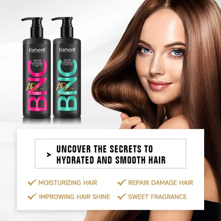 KARSEELL Argan Oil Collagen Biotin Organic Nourishing Shampoo and Super Detangle Conditioner set, 500ml bottles, with natural ingredients.