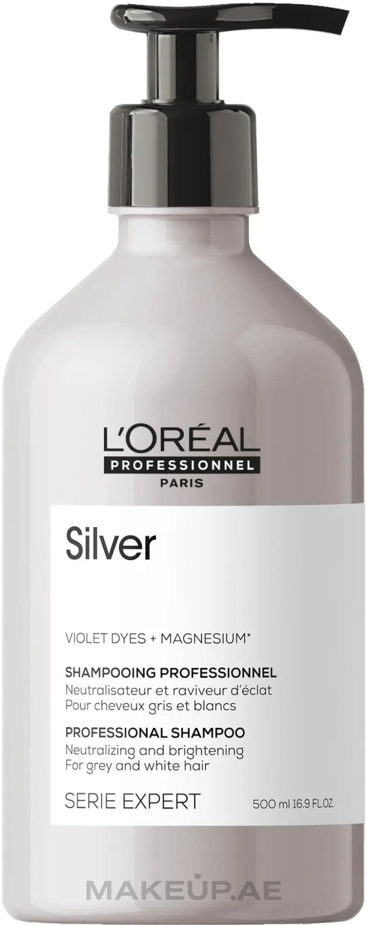 L'OREAL PROFESSIONNEL Silver Shampoo for grey, white, or light blonde hair in a 300ml bottle with purple label