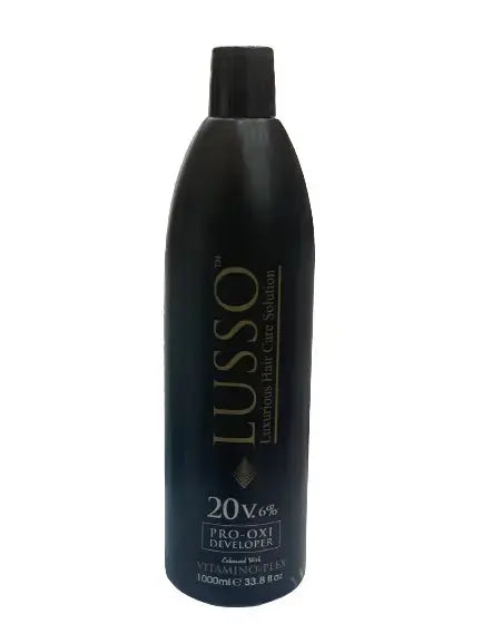 LUSSO Pro Oxi Developer 1000 ML bottle with white cap and label, used for hair coloring and bleaching processes.