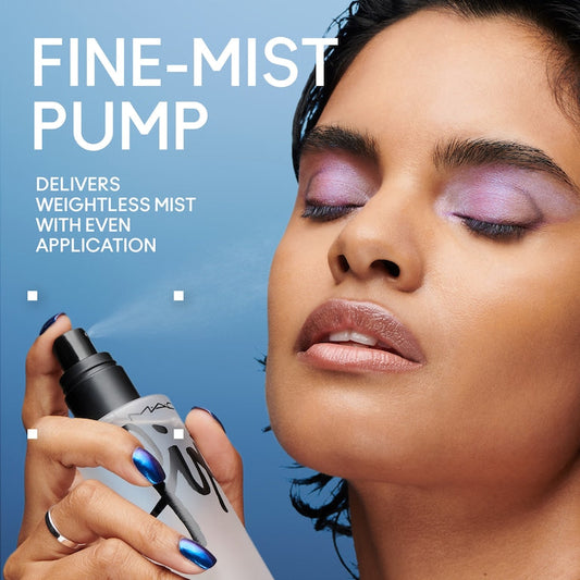 MAC FIX+ setting spray bottle, 100ml, featuring clear packaging and spray nozzle, designed for setting and refreshing makeup.