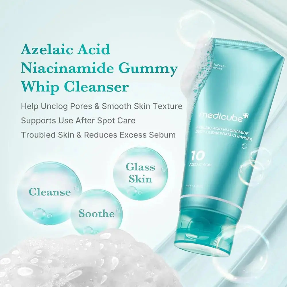Medicube Azelaic Acid and Niacinamide Deep Clean Foam Cleanser in a 120g tube, showing the product packaging and label.